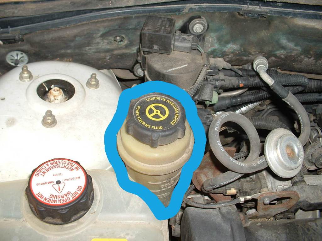 How Energy Steering Pump works 6 If you lift your car hood, you should be able to find this yellow container that has the word "Power Steering Fluid", "MIN" and "MAX" embedded on it.