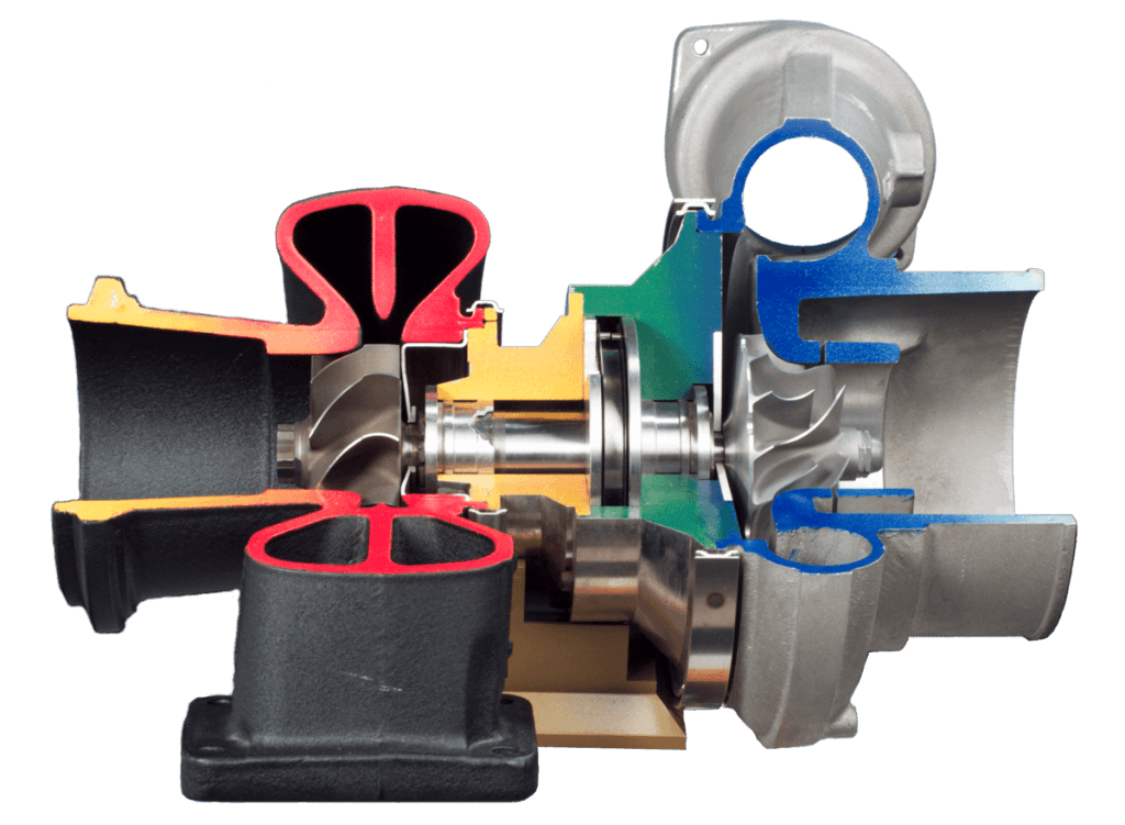 The hot side of a turbocharger is appropriately coloured red, while the cold side of a turbocharger is coloured blue.