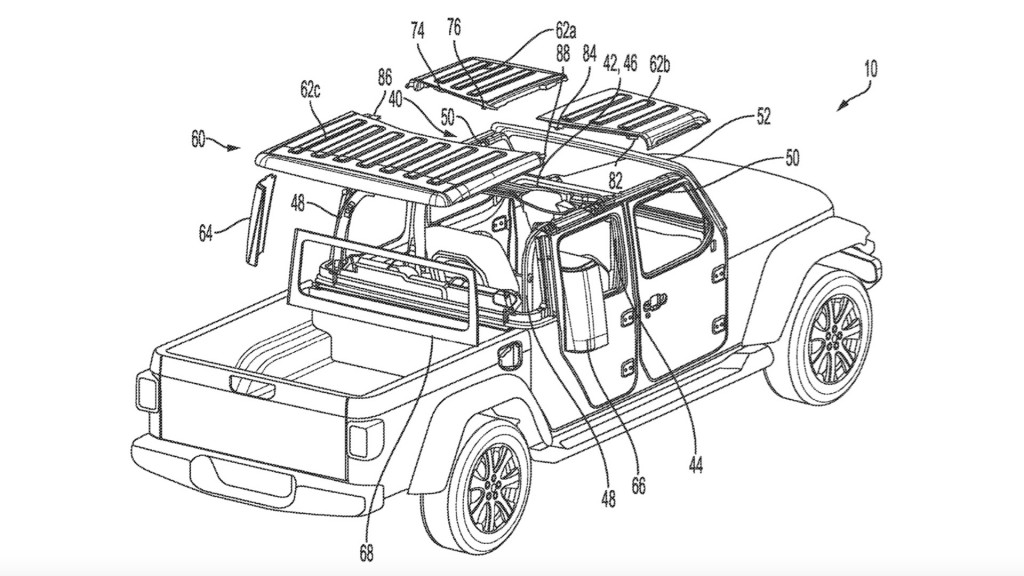 Jeep Gladiator roof panel storage on bed tonneau cover (patent image)