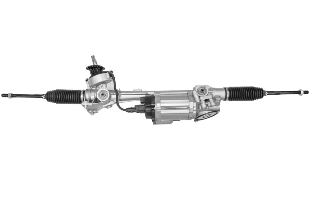 A high definition picture of a electric power steering rack used in car steering system. You can also see the electric motor attached to it.