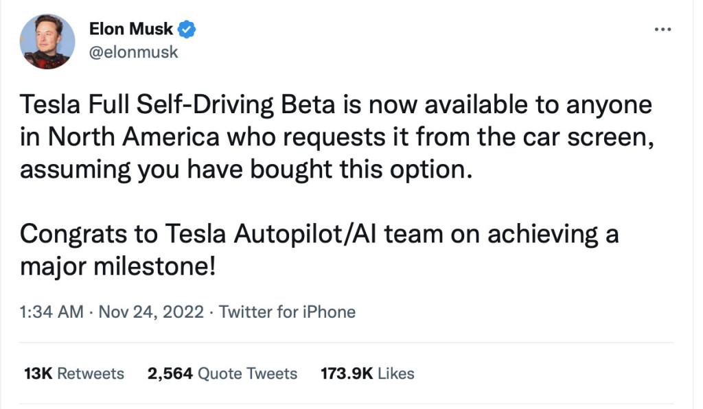 Elon Musk tweets Full Self-Driving beta available to everyone