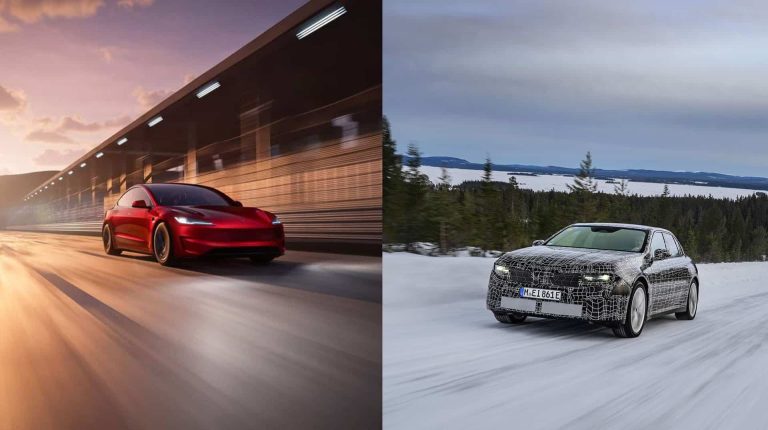 Front three-quarter view of 2027 BMW i3 Neue Klasse next to Tesla Model 3 Performance on charging station background