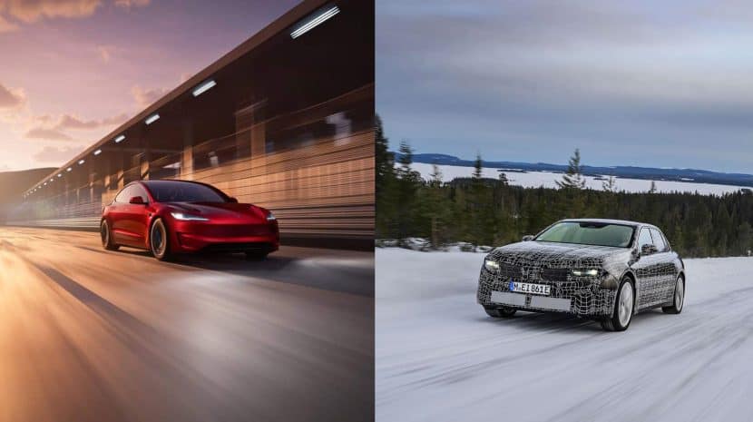 Front three-quarter view of the BMW i3 Neue Klasse 2027 next to Tesla Model 3 Performance in the background of the charging station