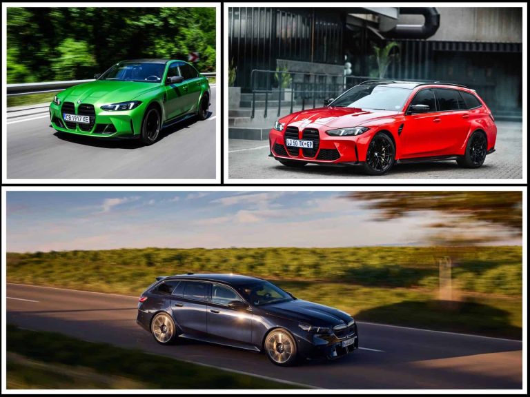 Front three-quarter view of 2025 BMW M3, M3 Touring, and M5 Touring parked together