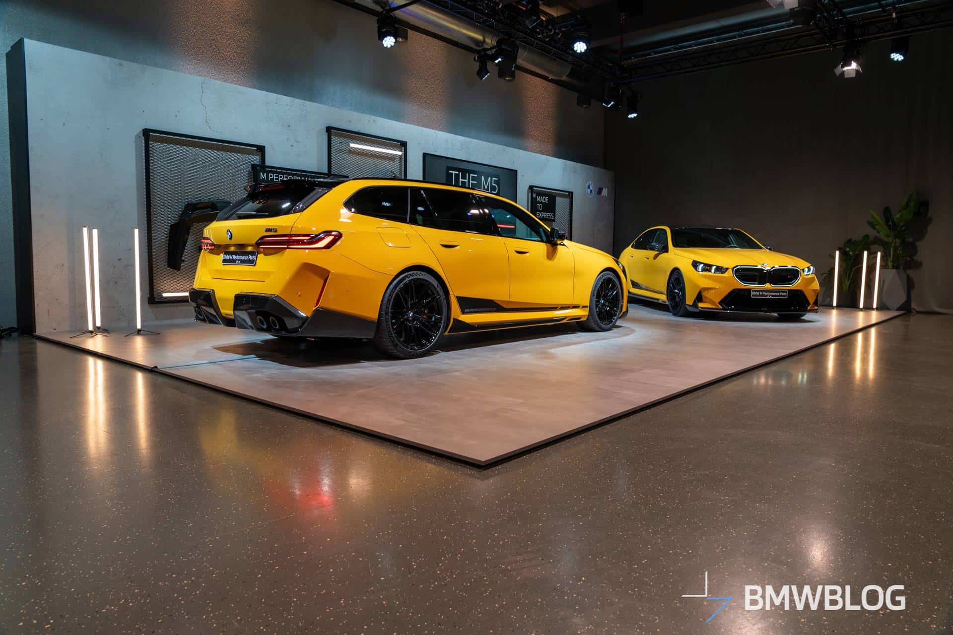BMW M5 Touring and M5 Sedan shown in Speed Yellow