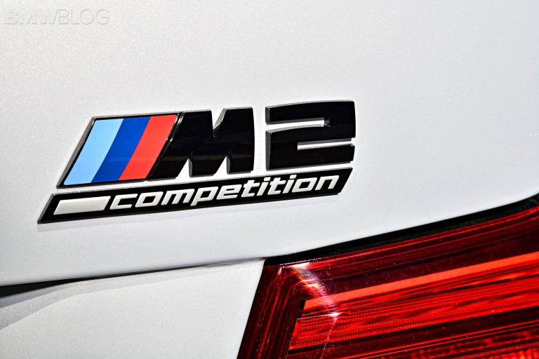 The BMW M2 Competition badge on the boot