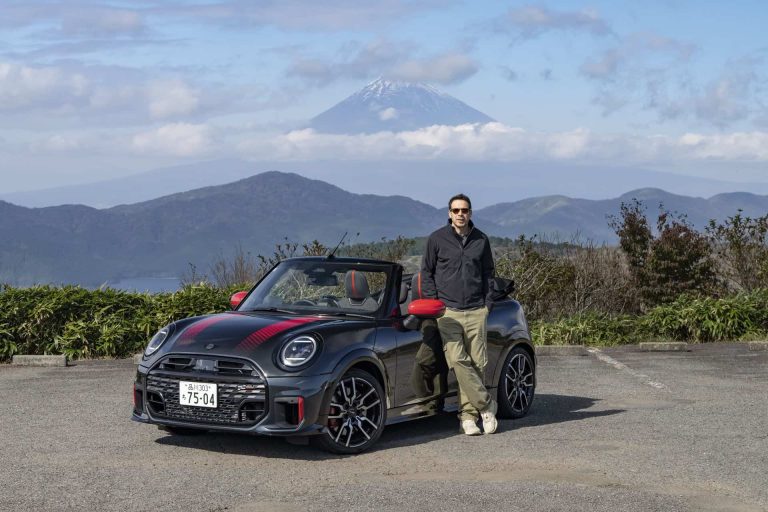 MINI COOPER JCW Convertible in front of Mt. Fuji