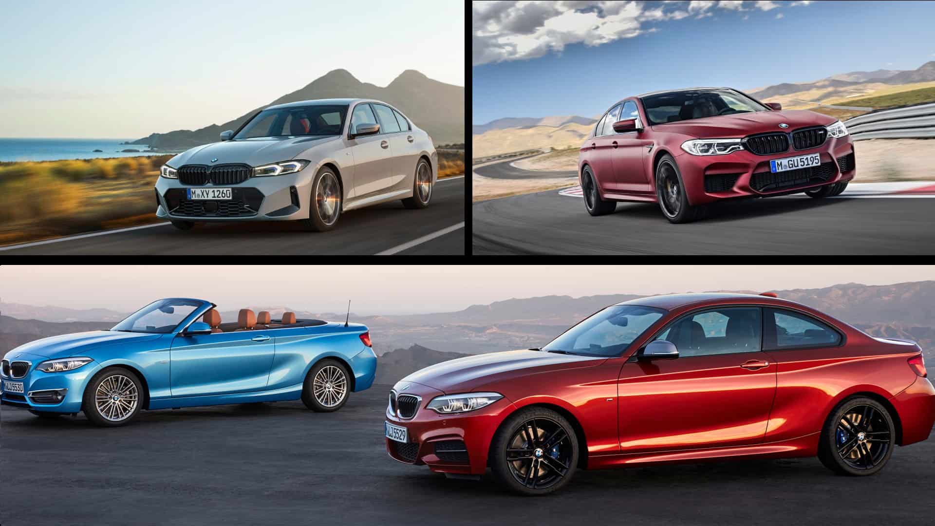 BMW 2 Series Coupe and convertible, red M5, and gray 3 Series depicted.